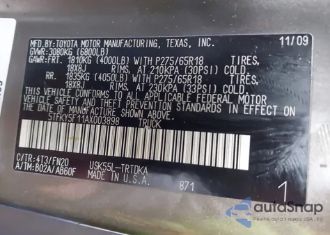 2010 Toyota Tundra Grade 5.7L V8 from USA, damaged, VIN 5TFKY5F11AX003898